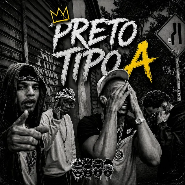 Capa de Preto Tipo A: Tchony e os parceiros em preto e branco, com o título pichado e uma coroa amarela